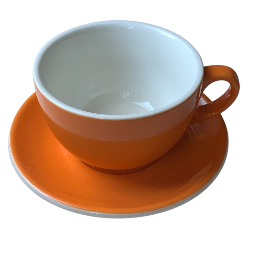 NEW LATTE Orange & White COFFEE Cup and Saucer Set 12 OZ Spring Summer Kitchen